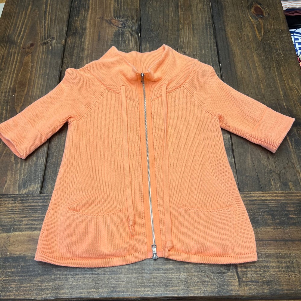 Talbots‎ Petites Orange Cotton Zip Up Sweater Cardigan 3/4 Sleeve Pockets